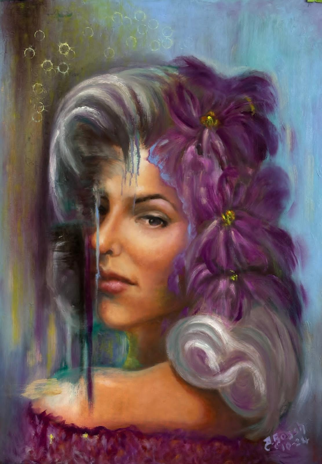 Side profile of a woman with purple flowers in her hair.